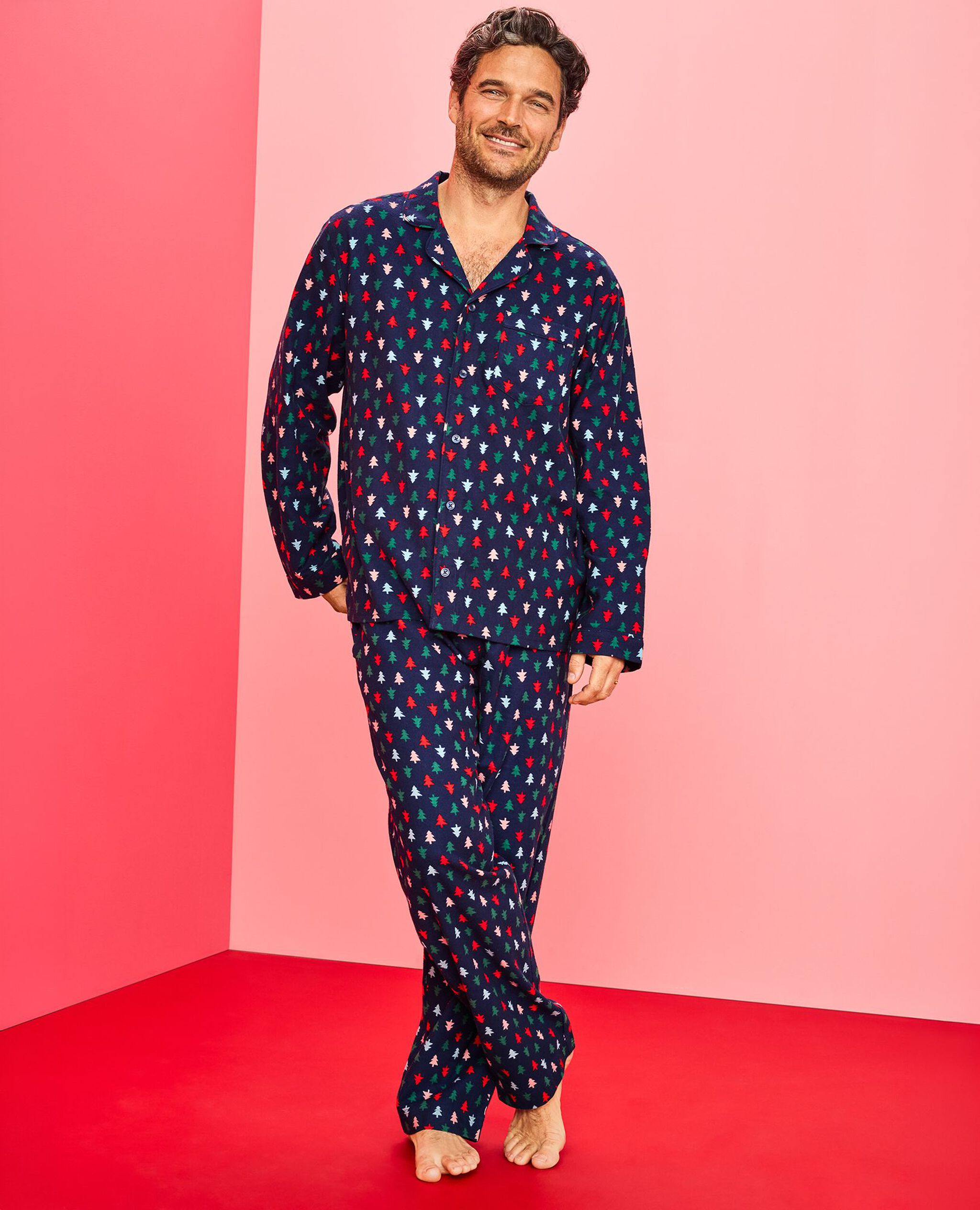 Adult Holiday Flannel Pajama Top in Multi Trees on Navy Blue - main