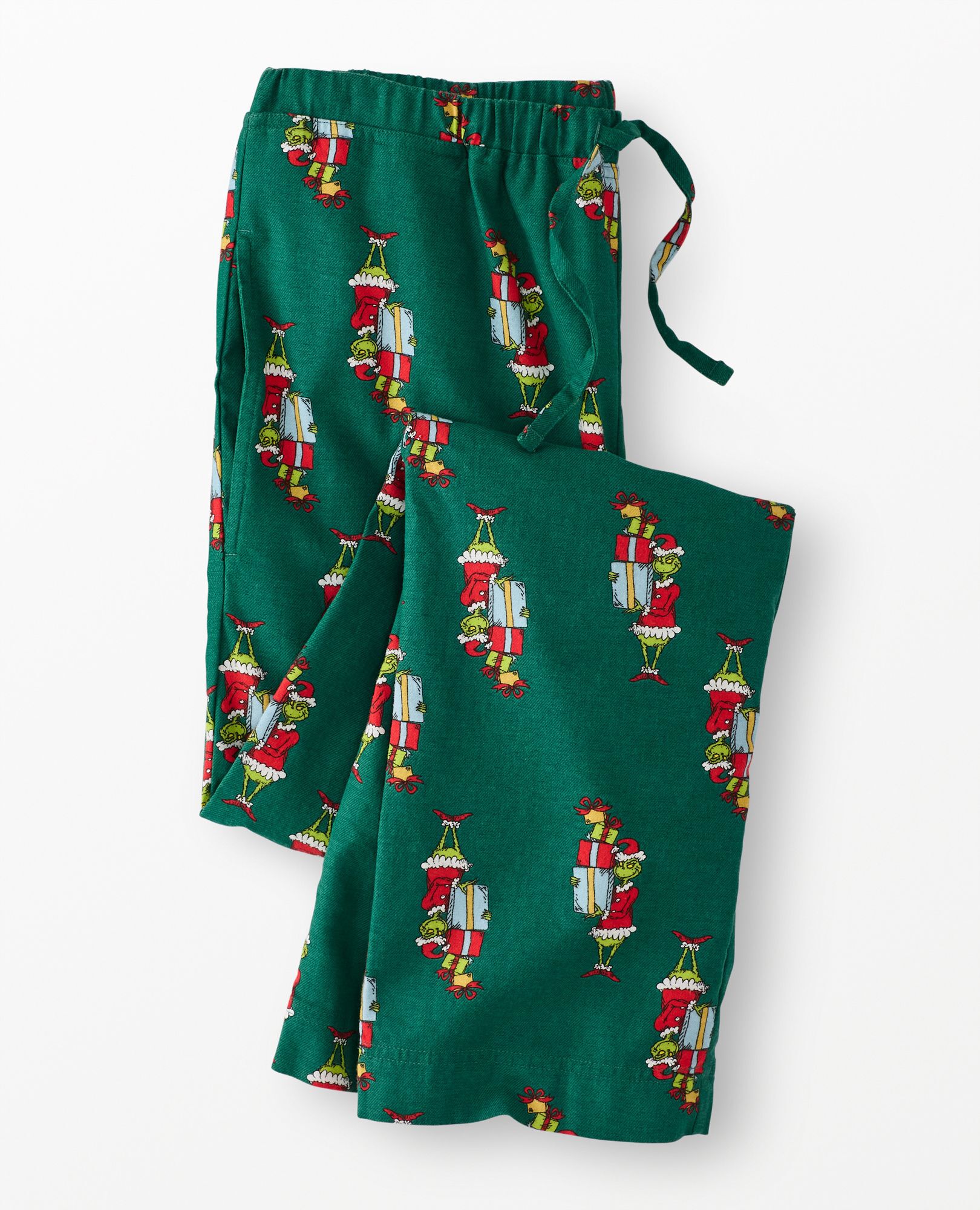 Adult Dr. Seuss Grinch Flannel Pajama Pants in Grinch Presents on Green - main