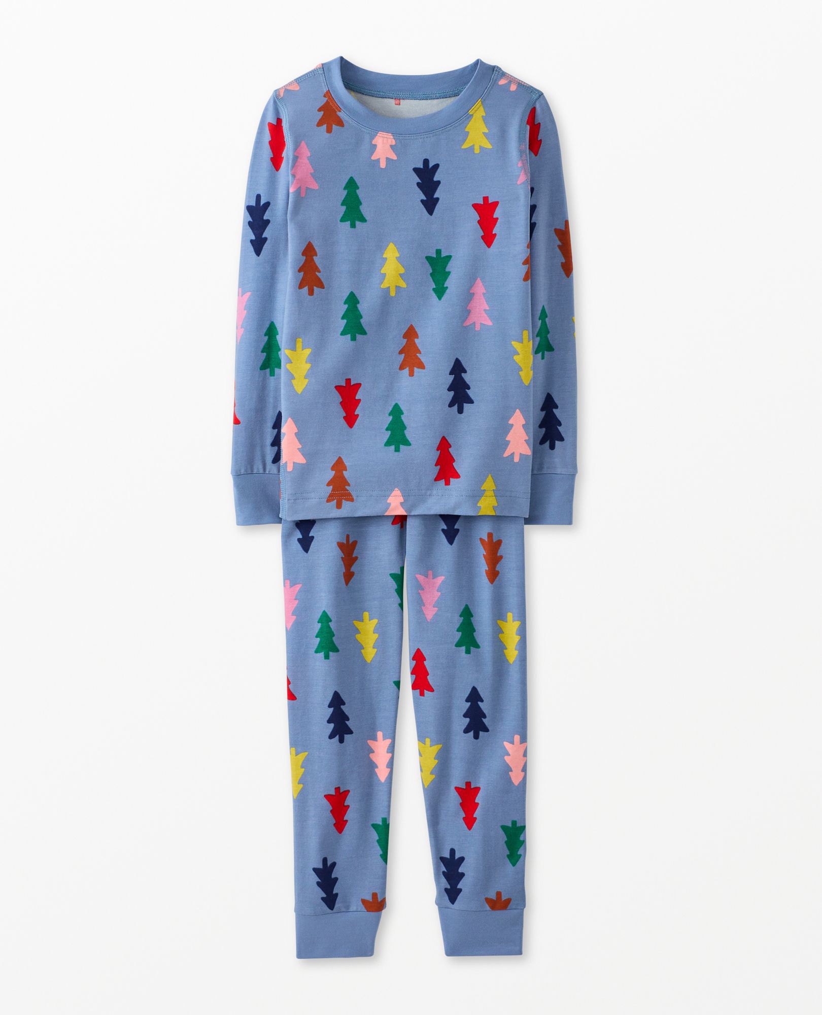 Festive Forest On Slate Blue Kids Holiday Long John Pajama Set Big Kids Size 8 by Hanna Andersson