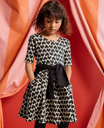 Skater Dress with Pockets in Black Hearts on Almond Oil - main