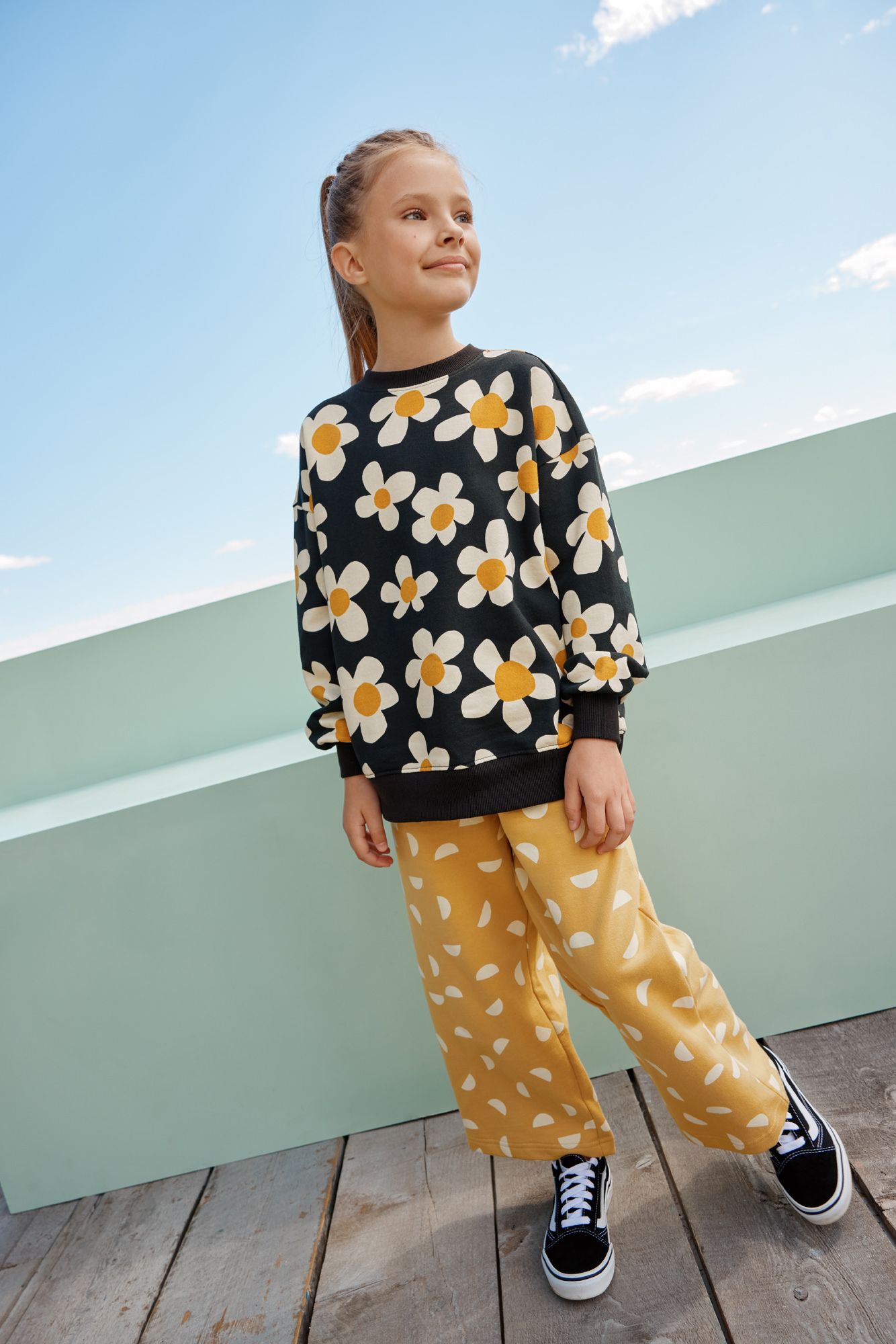 French Terry Wide Leg Sweatpants in Half moons on Fall Leaf - main