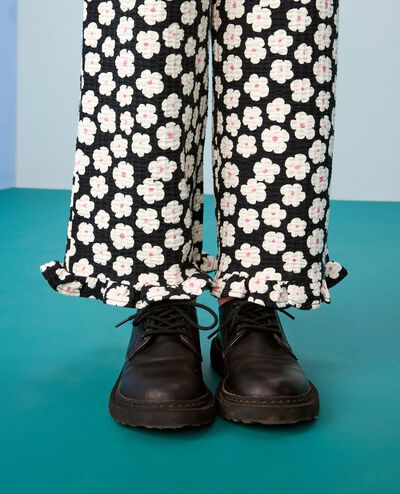 Jacquard Wide Leg Ruffle Pants in Ecru Floral on Black - main