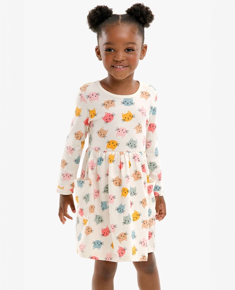 Long Sleeve Playground Dress with Pockets in Tossed Cats on Ecru - main