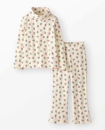 Long Sleeve Turtleneck Top & Flare Pants Set in Sweet Holiday Floral on Ecru - main