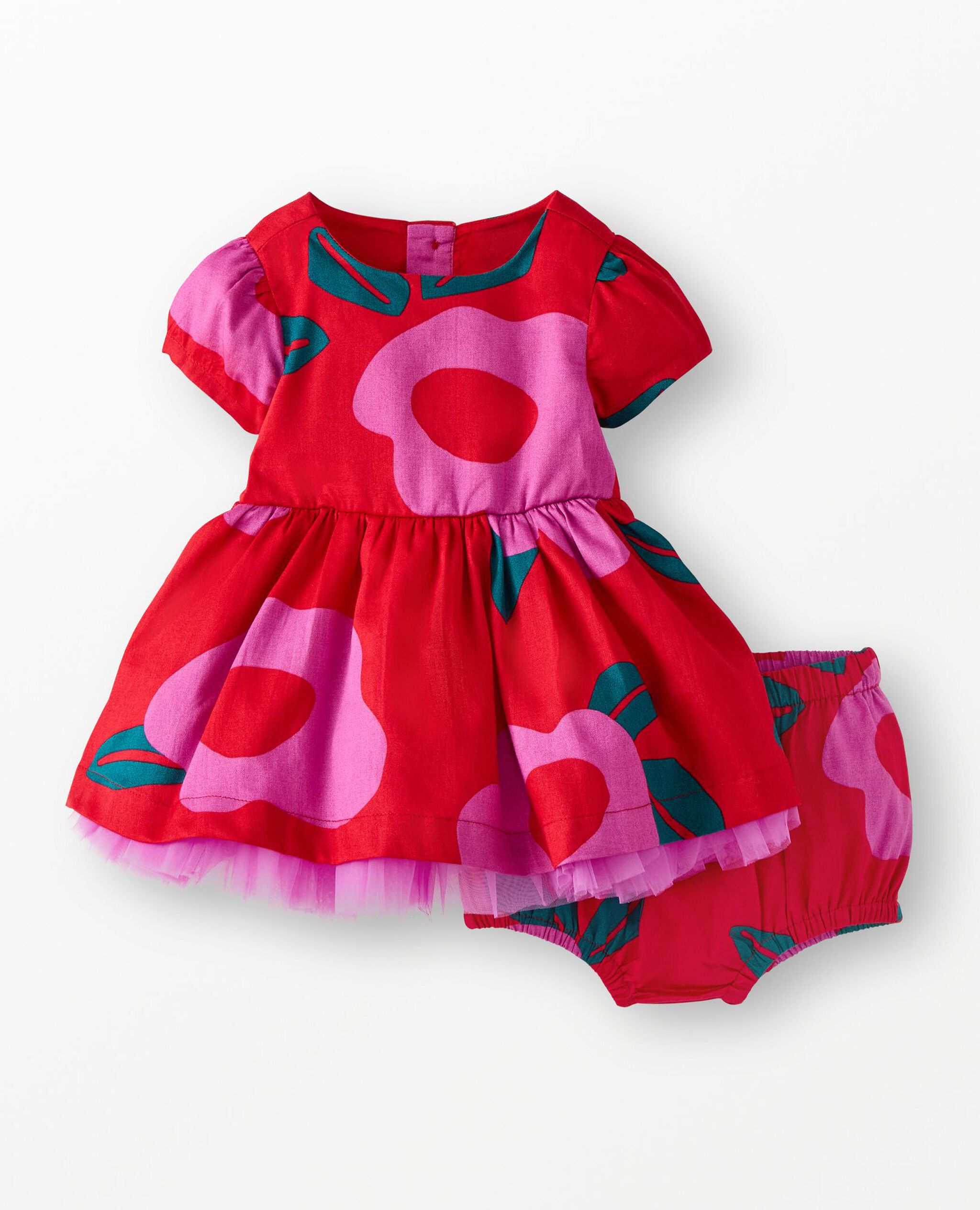 Baby Sateen Tulle Dress & Bloomers Set in Purple Orchid Holiday Floral on Ribbon Red - main