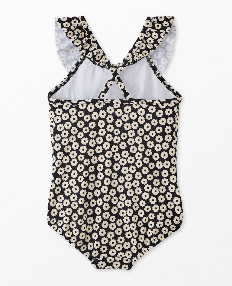 One-Piece Ruffle Neck Swimsuit in Tiny Blossoms on Black - main