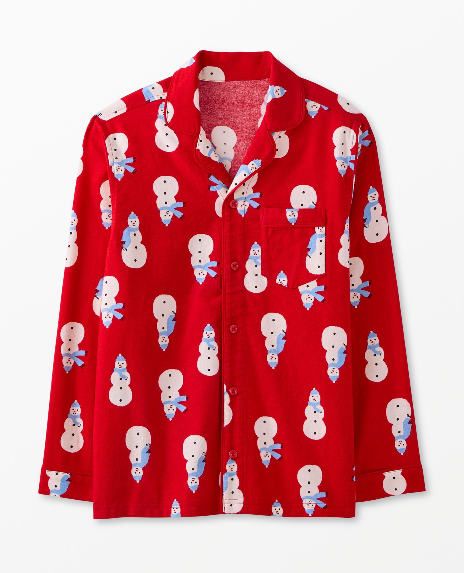 Adult Holiday Flannel Pajama Top in Snowmen on Red - main