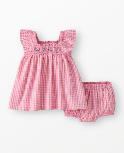 Baby Flutter Sleeve Seersucker Dress & Bloomers Set in Pink Gingham - main