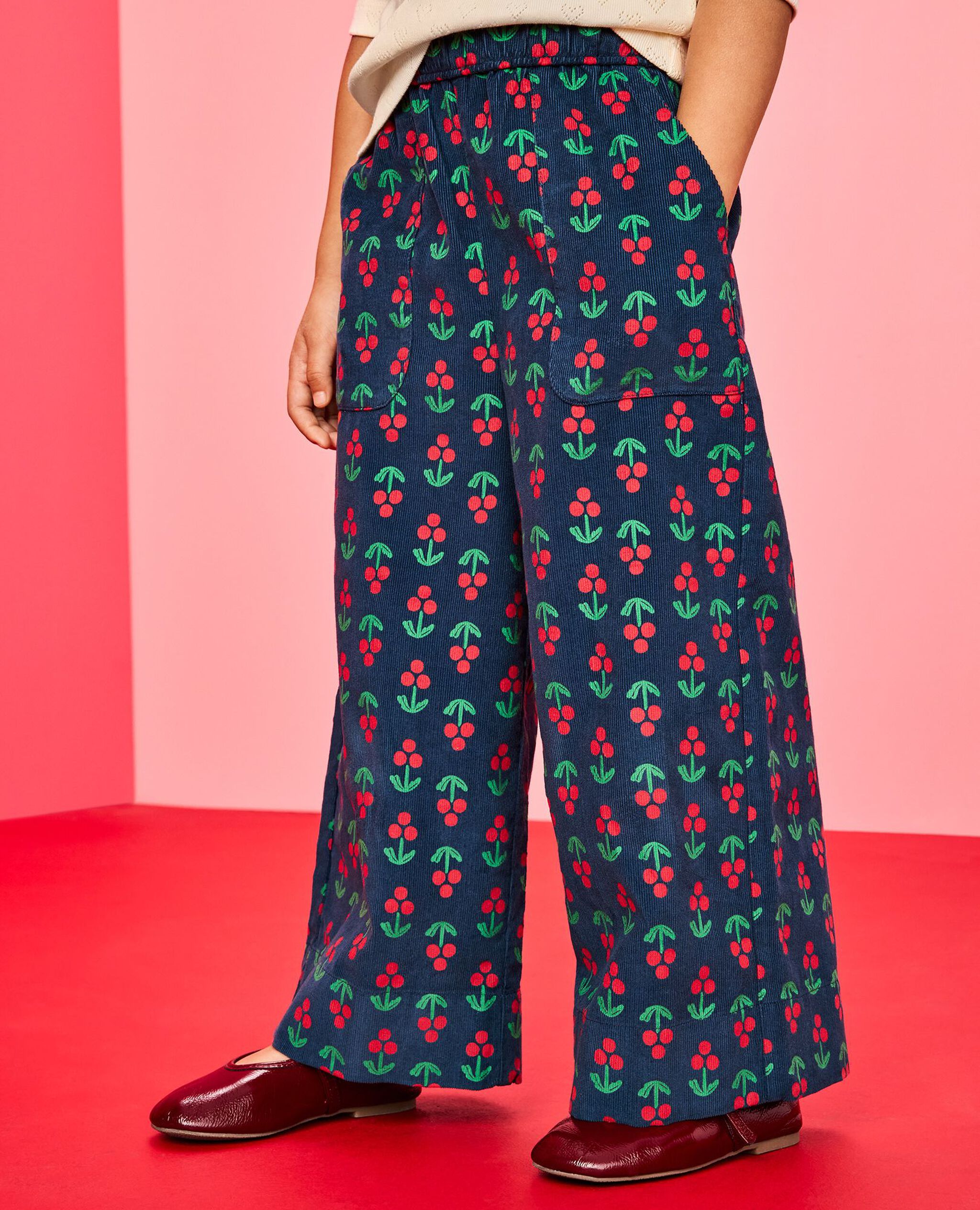 Corduroy Wide Leg Pants in Holly Berries on Midnight Blue - main