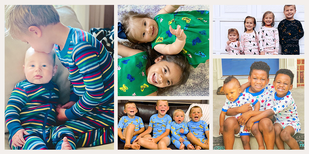 Image collage of kids dressed in Hanna Andersson clothing and                pajamas.