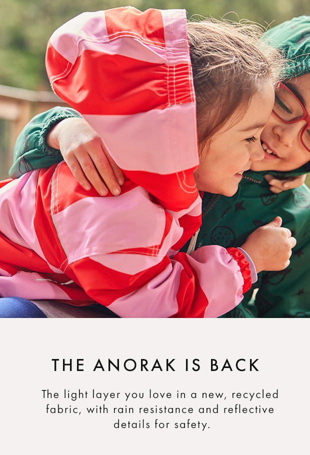 the anorak is back the light layer you love in a new recycled fabric with rain resistance and reflective details for safety