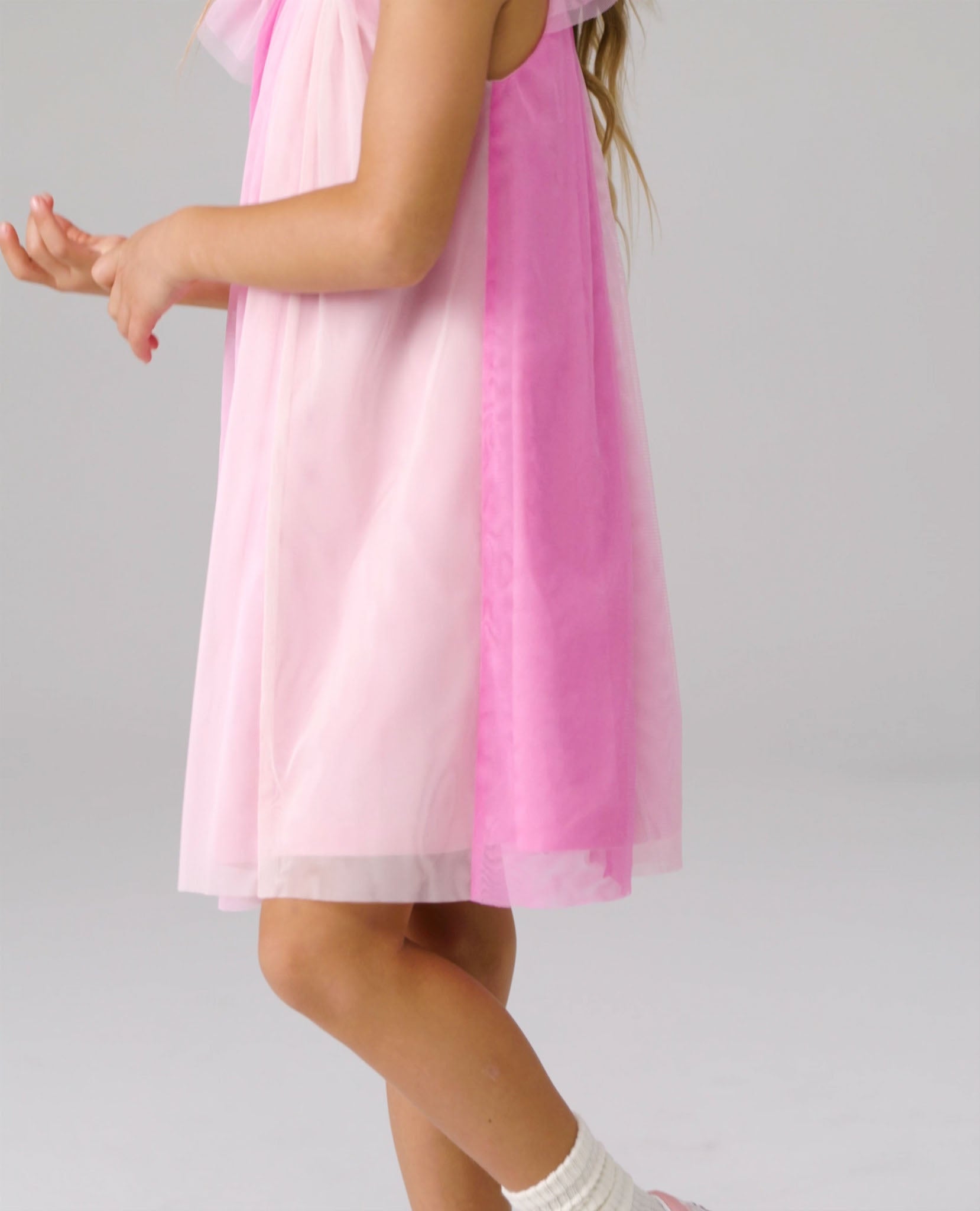 Video of child wearing Flutter Sleeve Tulle Paneled Dress
